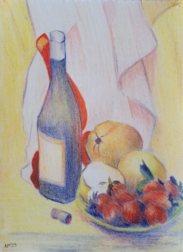 Рисунок под названием "red shadow still li…" - Liudmila Rabinovich, Подлинное произведение искусства, Цветные карандаши