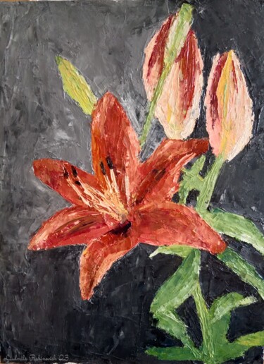 Painting titled "flower study with p…" by Liudmila Rabinovich, Original Artwork, Oil