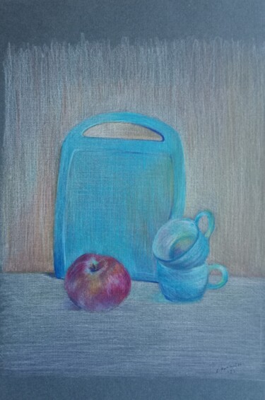 Malerei mit dem Titel "blue cups still life" von Liudmila Rabinovich, Original-Kunstwerk, Conté-Buntstifte
