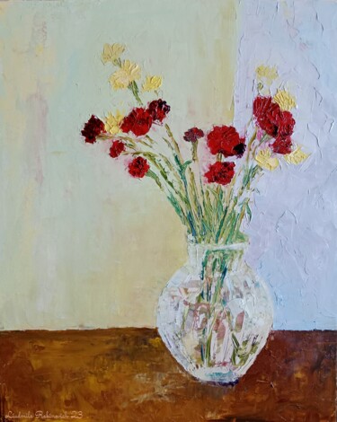 Painting titled "carnations in round…" by Liudmila Rabinovich, Original Artwork, Oil