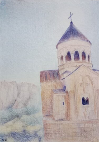 Zeichnungen mit dem Titel "church in the mount…" von Liudmila Rabinovich, Original-Kunstwerk, Conté-Buntstifte