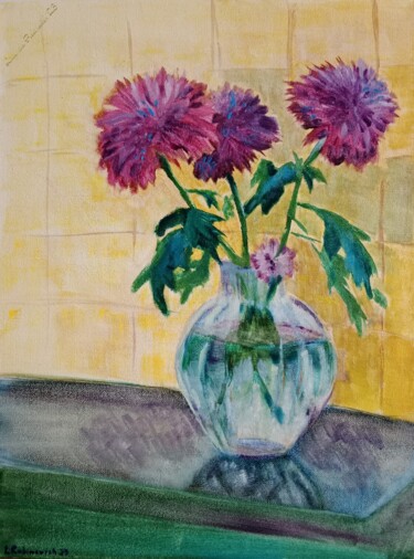Pintura intitulada "chrisantemums" por Liudmila Rabinovich, Obras de arte originais, Óleo