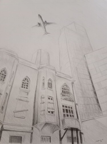 Drawing titled "cityscape, Tel-Aviv" by Liudmila Rabinovich, Original Artwork, Pencil