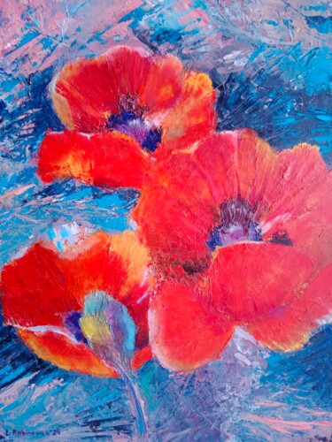 Painting titled "poppies" by Liudmila Rabinovich, Original Artwork, Oil