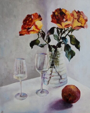 Painting titled "still life with ros…" by Liudmila Rabinovich, Original Artwork, Oil