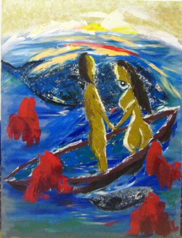 Schilderij getiteld "Whales sing about l…" door Liudmyla Boichuk, Origineel Kunstwerk, Olie