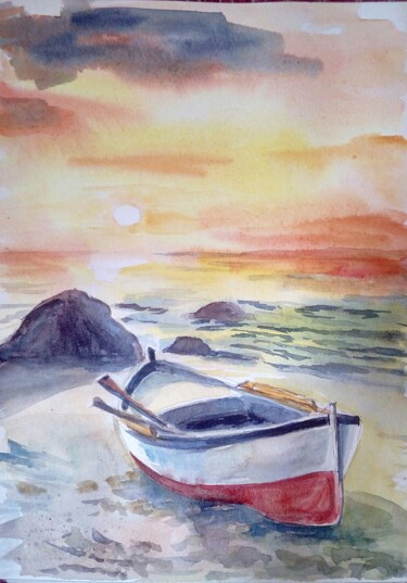 Pintura titulada "Boat on the beach" por Liudmyla Lelechenko, Obra de arte original, Acuarela
