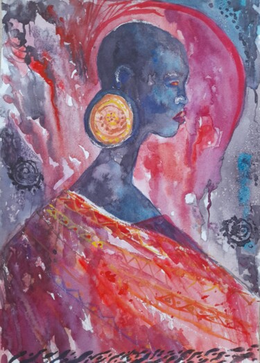 Painting titled "African heart" by Liudmyla Lelechenko, Original Artwork, Watercolor