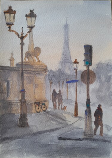 Painting titled "Paris morning" by Liudmyla Lelechenko, Original Artwork, Watercolor