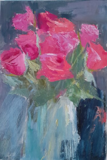 Painting titled "Winter roses" by Liudmyla Lelechenko, Original Artwork, Oil