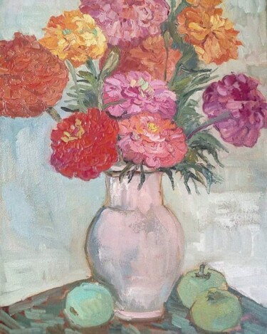 Painting titled "Zinnias bouquet" by Liudmyla Lelechenko, Original Artwork, Oil