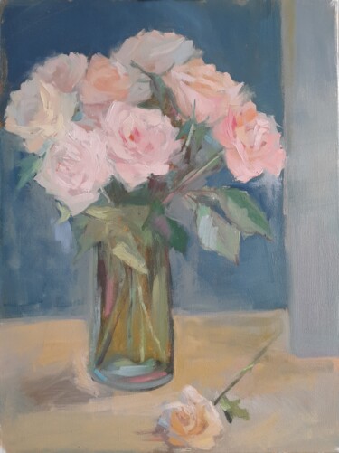 Painting titled "Light roses" by Liudmyla Lelechenko, Original Artwork, Oil
