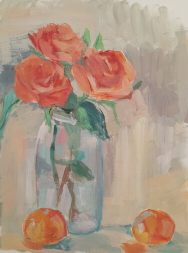 Painting titled "Roses & mandarins" by Liudmyla Lelechenko, Original Artwork, Tempera