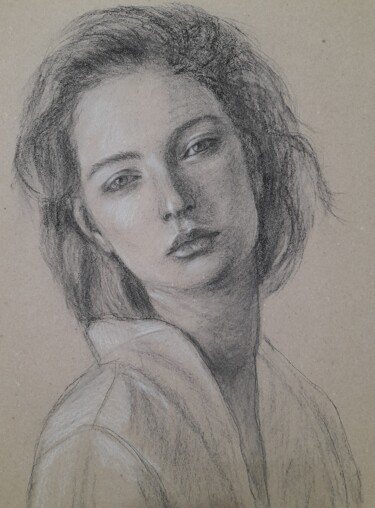 Drawing titled "Female portrait" by Liudmyla Lelechenko, Original Artwork, Charcoal