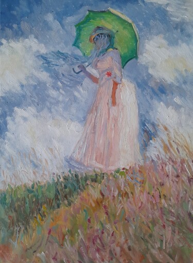 Painting titled "A woman with umbrel…" by Liudmyla Lelechenko, Original Artwork, Oil
