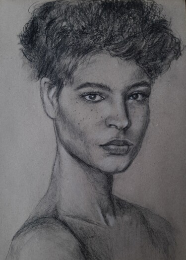 Drawing titled "Girl portrait study" by Liudmyla Lelechenko, Original Artwork, Charcoal
