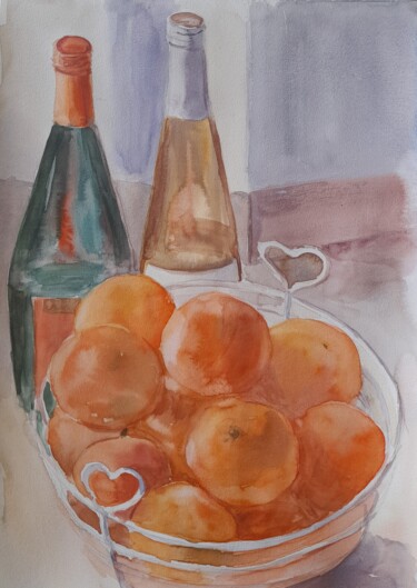 Painting titled "Oranges basket" by Liudmyla Lelechenko, Original Artwork, Watercolor