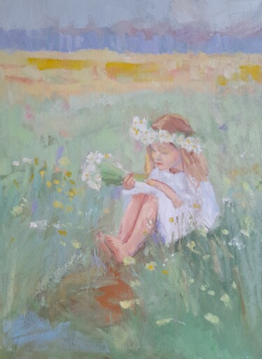 Painting titled "Girl on the meadow" by Liudmyla Lelechenko, Original Artwork, Oil