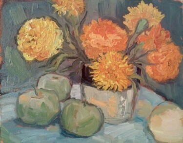 Painting titled "Marigolds" by Liudmyla Lelechenko, Original Artwork, Oil