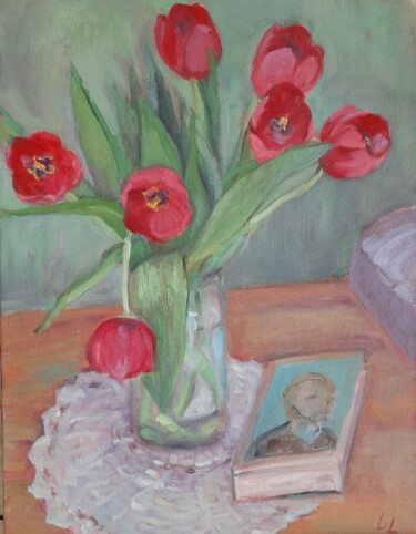 Malerei mit dem Titel "Tulips on green" von Liudmyla Lelechenko, Original-Kunstwerk, Öl