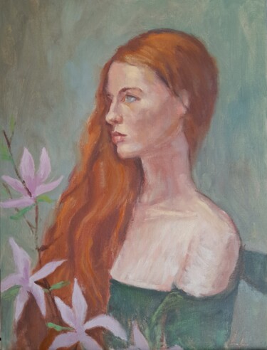 Malerei mit dem Titel "Woman with Magnolias" von Liudmyla Lelechenko, Original-Kunstwerk, Öl