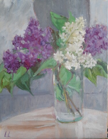 Pintura intitulada "Lilac in  glass" por Liudmyla Lelechenko, Obras de arte originais, Óleo