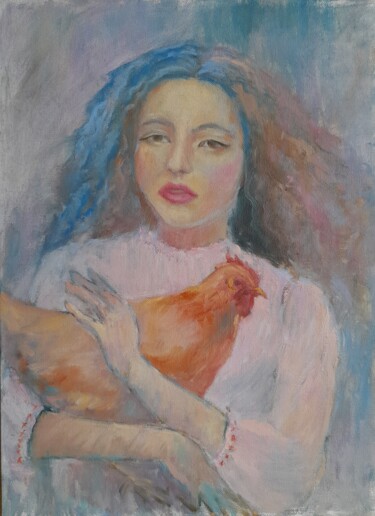 Painting titled "Girl with hen" by Liudmyla Lelechenko, Original Artwork, Oil