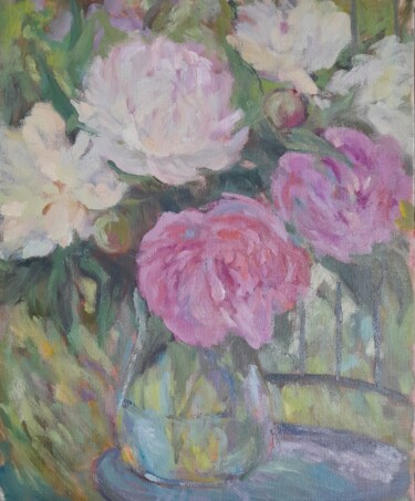 Картина под названием "Peonies bouquet" - Liudmyla Lelechenko, Подлинное произведение искусства, Масло