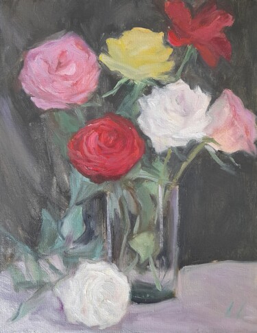 Painting titled "Roses on black" by Liudmyla Lelechenko, Original Artwork, Oil