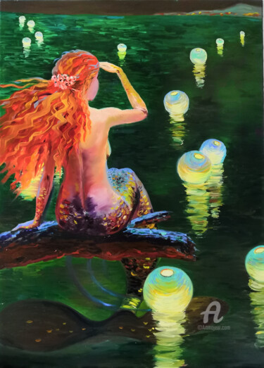 Картина под названием "Sirène. Mermaid." - Liudmyla Riabkova, Подлинное произведение искусства, Масло Установлен на Деревянн…