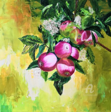 Painting titled "Pommier. Apple tree…" by Liudmyla Riabkova, Original Artwork, Oil Mounted on Wood Stretcher frame