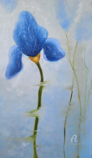 Painting titled "Iris bleu. Blue Iri…" by Liudmyla Riabkova, Original Artwork, Oil Mounted on Wood Stretcher frame