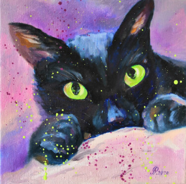 Malerei mit dem Titel "Green eyes, cat art" von Liudmyla Riabkova, Original-Kunstwerk, Öl