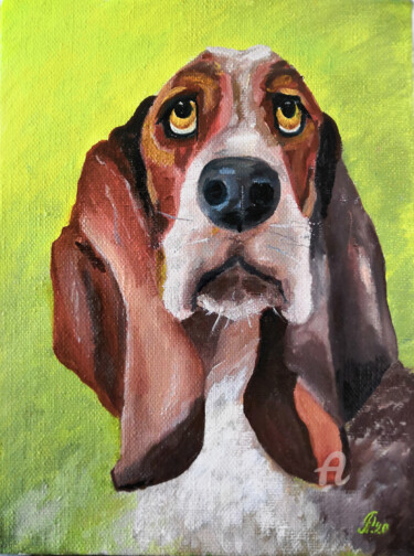 Peinture intitulée "Dog Basset hound" par Liudmyla Riabkova, Œuvre d'art originale, Huile