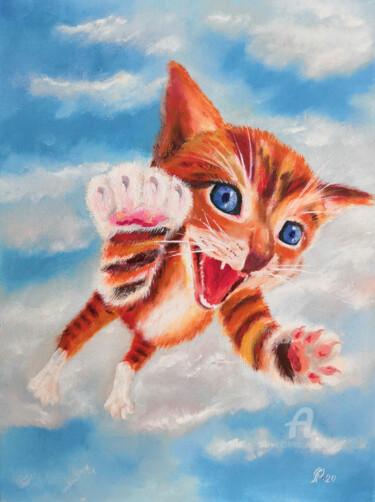 Schilderij getiteld "Kitten in the clouds" door Liudmyla Riabkova, Origineel Kunstwerk, Olie