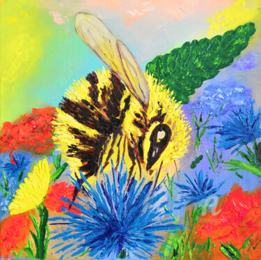 Schilderij getiteld "Bee on a flower, Ab…" door Liudmyla Riabkova, Origineel Kunstwerk, Olie