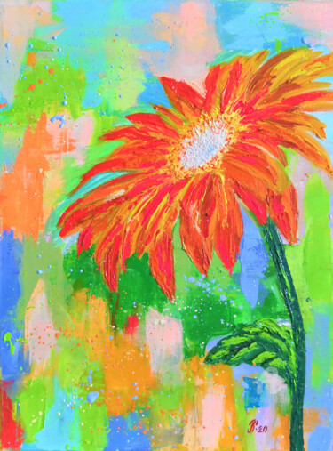 Schilderij getiteld "Orange Gerbera" door Liudmyla Riabkova, Origineel Kunstwerk, Olie Gemonteerd op Frame voor houten branc…