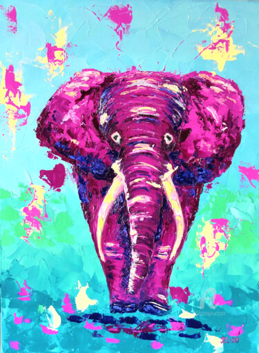 Malarstwo zatytułowany „Pink Elephant” autorstwa Liudmyla Riabkova, Oryginalna praca, Olej
