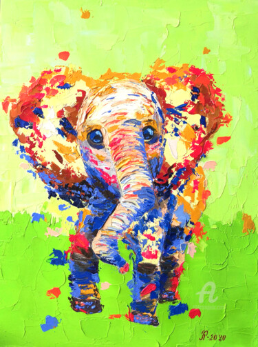 Painting titled "Funny elephant danc…" by Liudmyla Riabkova, Original Artwork, Oil