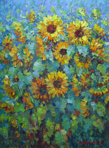 Painting titled "The sunflowers and…" by Liudvikas Daugirdas, Original Artwork, Oil