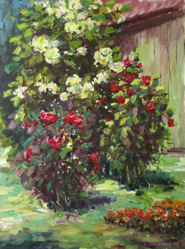 Malerei mit dem Titel "Roses in the garden" von Liudvikas Daugirdas, Original-Kunstwerk, Öl