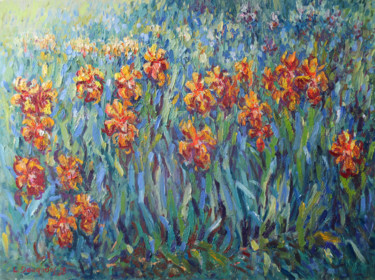 Painting titled "Yellow irises" by Liudvikas Daugirdas, Original Artwork, Oil