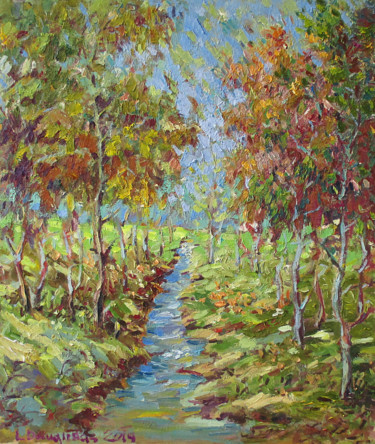 Painting titled "The stream in the f…" by Liudvikas Daugirdas, Original Artwork, Oil