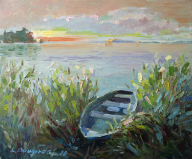 Painting titled "Boat by the Lake" by Liudvikas Daugirdas, Original Artwork, Oil