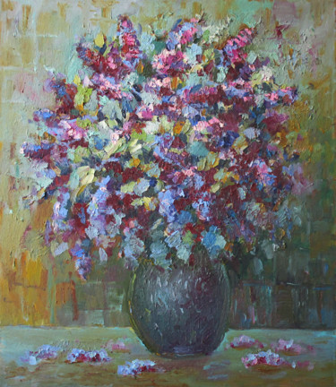 Painting titled "Lilacs in a Vase" by Liudvikas Daugirdas, Original Artwork, Oil