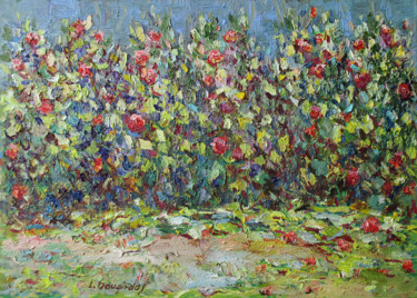 Painting titled "Climbing roses" by Liudvikas Daugirdas, Original Artwork, Oil Mounted on Wood Stretcher frame