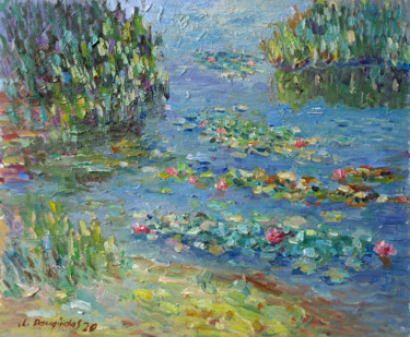 Painting titled "Water lilies in the…" by Liudvikas Daugirdas, Original Artwork, Oil