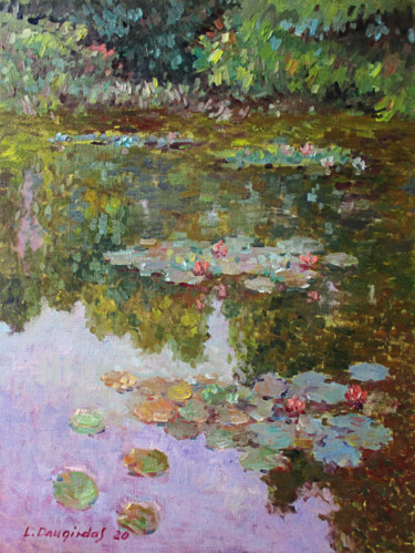 Painting titled "Water lilies at sun…" by Liudvikas Daugirdas, Original Artwork, Oil Mounted on Wood Stretcher frame