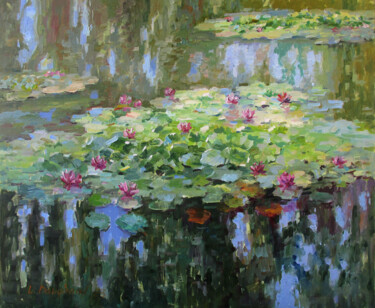 Картина под названием "Water lilies in the…" - Liudvikas Daugirdas, Подлинное произведение искусства, Масло Установлен на Де…