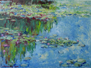 Painting titled "Water lilies with s…" by Liudvikas Daugirdas, Original Artwork, Oil